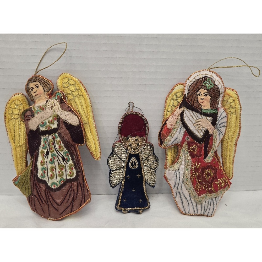 Vtg Handcrafted Embroidered Angel Christmas Ornaments Lot of 3-Tree Decor Set